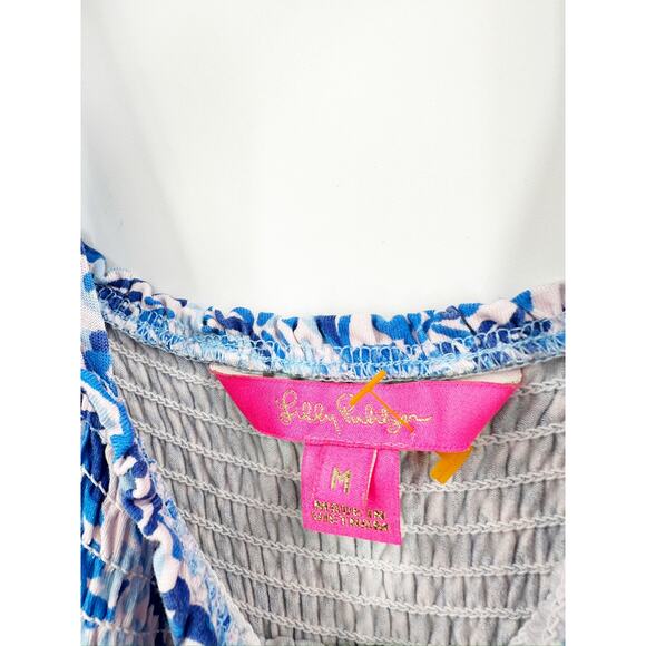 Lilly Pulitzer Kailua Smocked Seashell Print Blue Tie Shoulder Mini Dress Size M - Picture 4 of 5